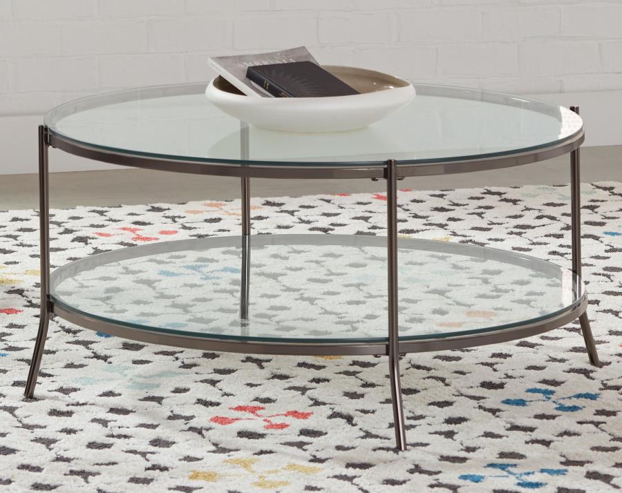 Glass Top Round Coffee Table in Black Nickel and Clear - HER Home Design Boutique